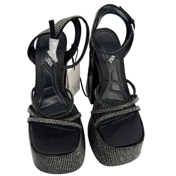 Zara Rhinestone Chunky High Heeled Platform Sandals Black & Silver Size 6 - Picture 5 of 12